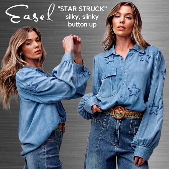 EASEL "STAR STRUCK" Embroidered Silk-Like Mineral Wash Button Up, Cuffs, Pockets - Picture 1 of 16